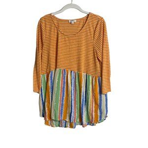 Umgee Orange Multicolor Striped 3/4 Sleeve Scoop Neck Babydoll Top Size S